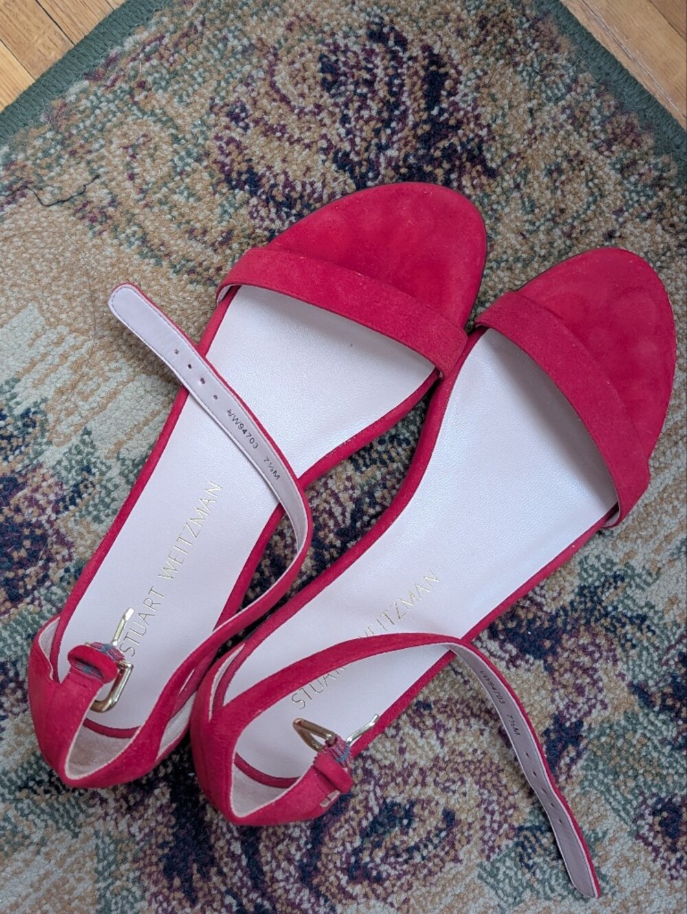 Stuart Weitzman Sz 7.5 Red Suede Open-Toe Ankle-Strap Sandals